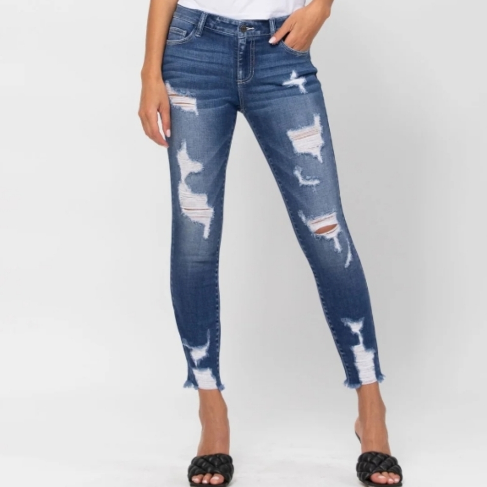 Cello Mid Rise Dark Wash Cropped Skinny Distressed Jeans